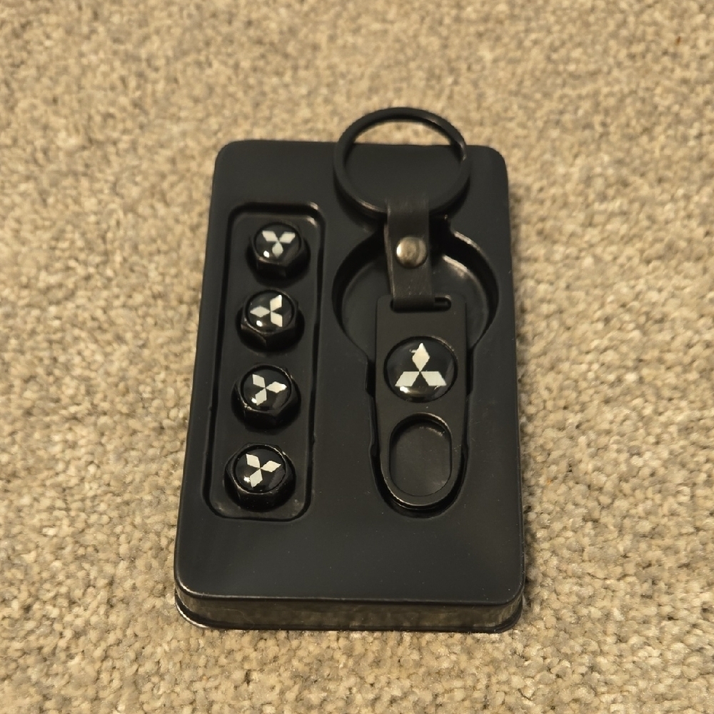 Mitsubishi Black & Silver Car Tire Valve Caps and Keychain Set
